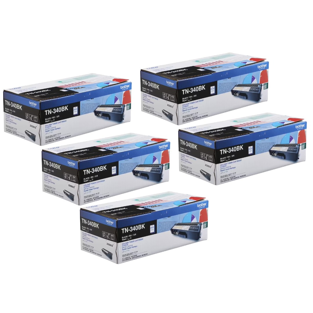 Genuine Brother TN-340BK Black Toner 5 PACK