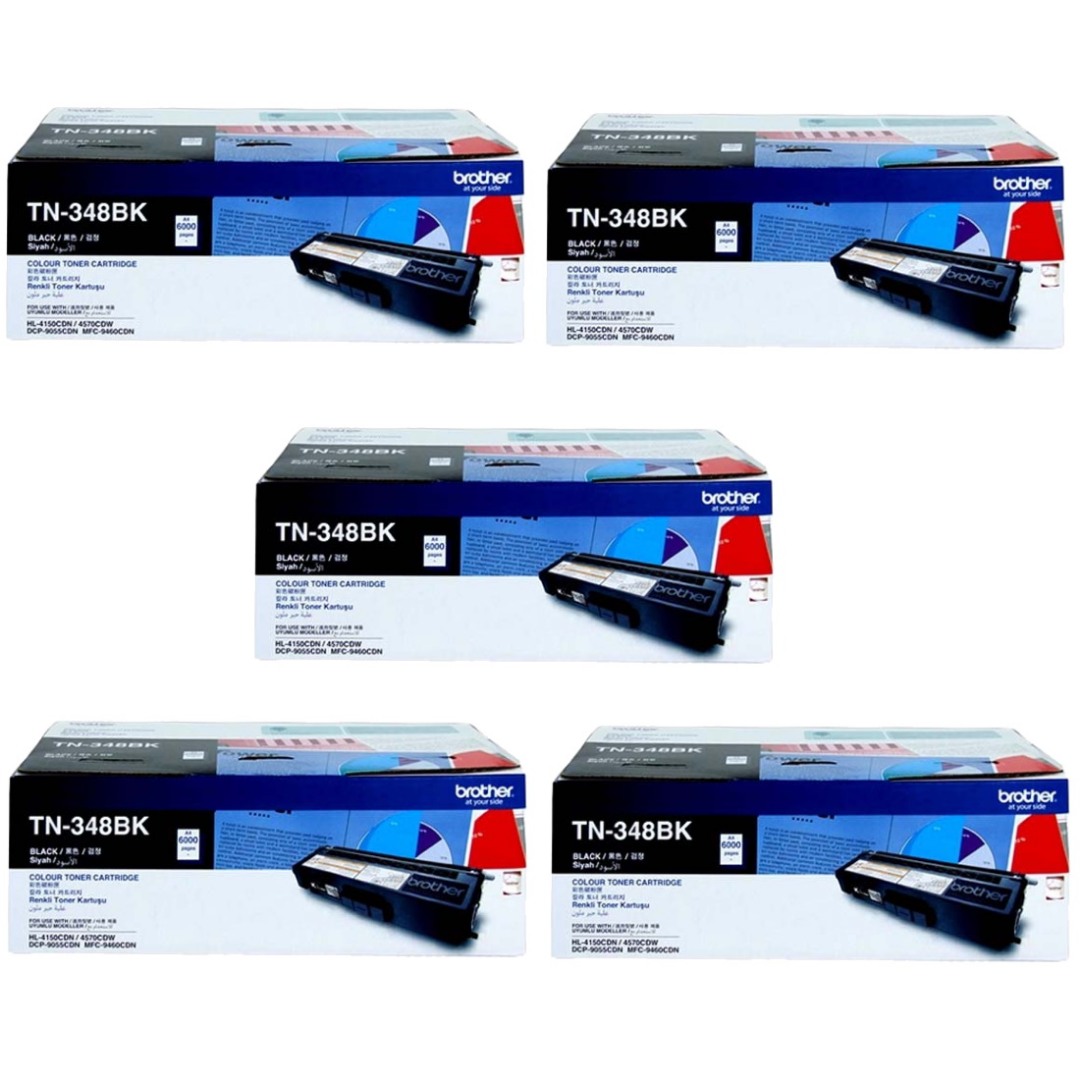 Genuine Brother TN-348BK Black Toner 5 PACK