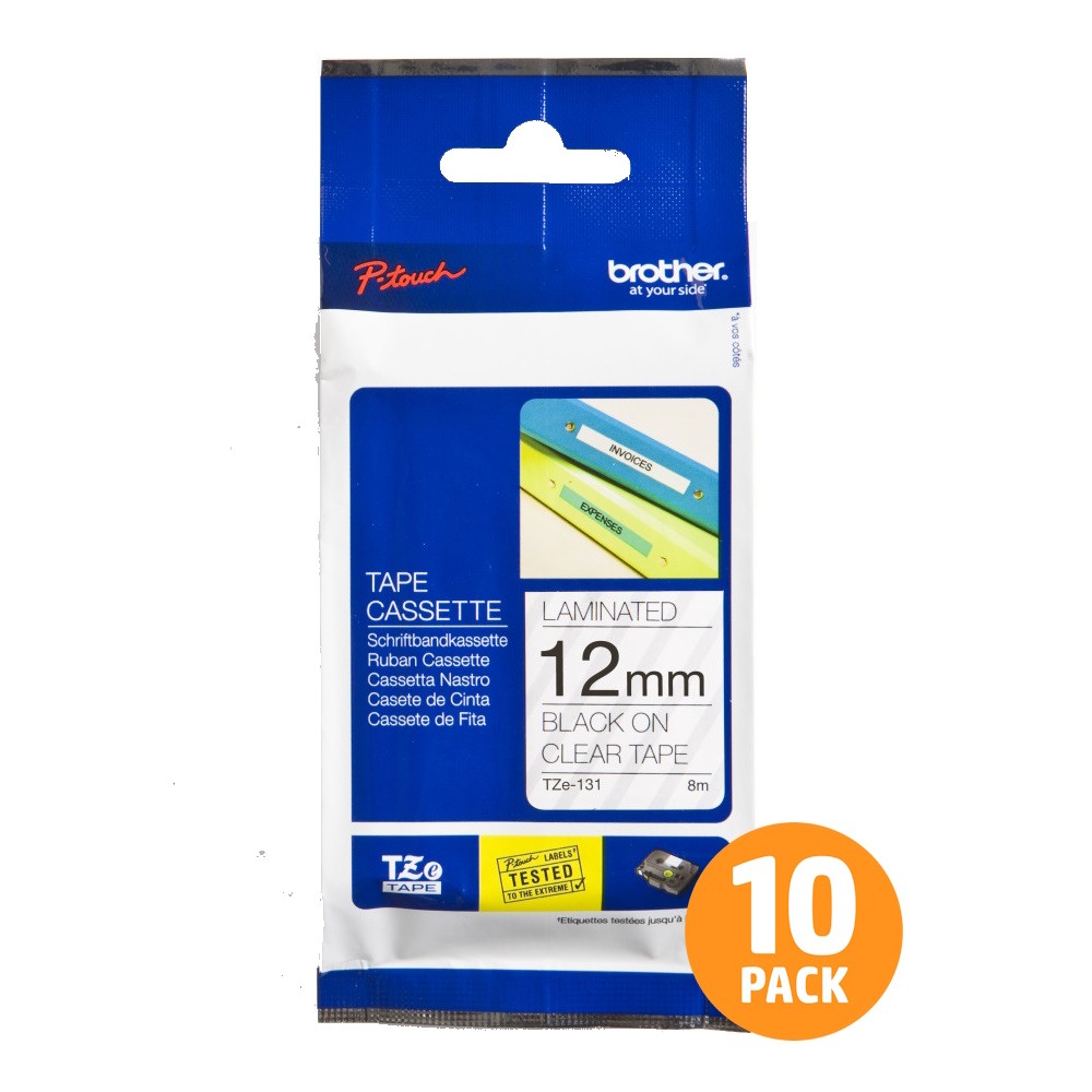 Brother TZe-131 12mm Black Text On Clear Tape - 8 metres - 10 PACK