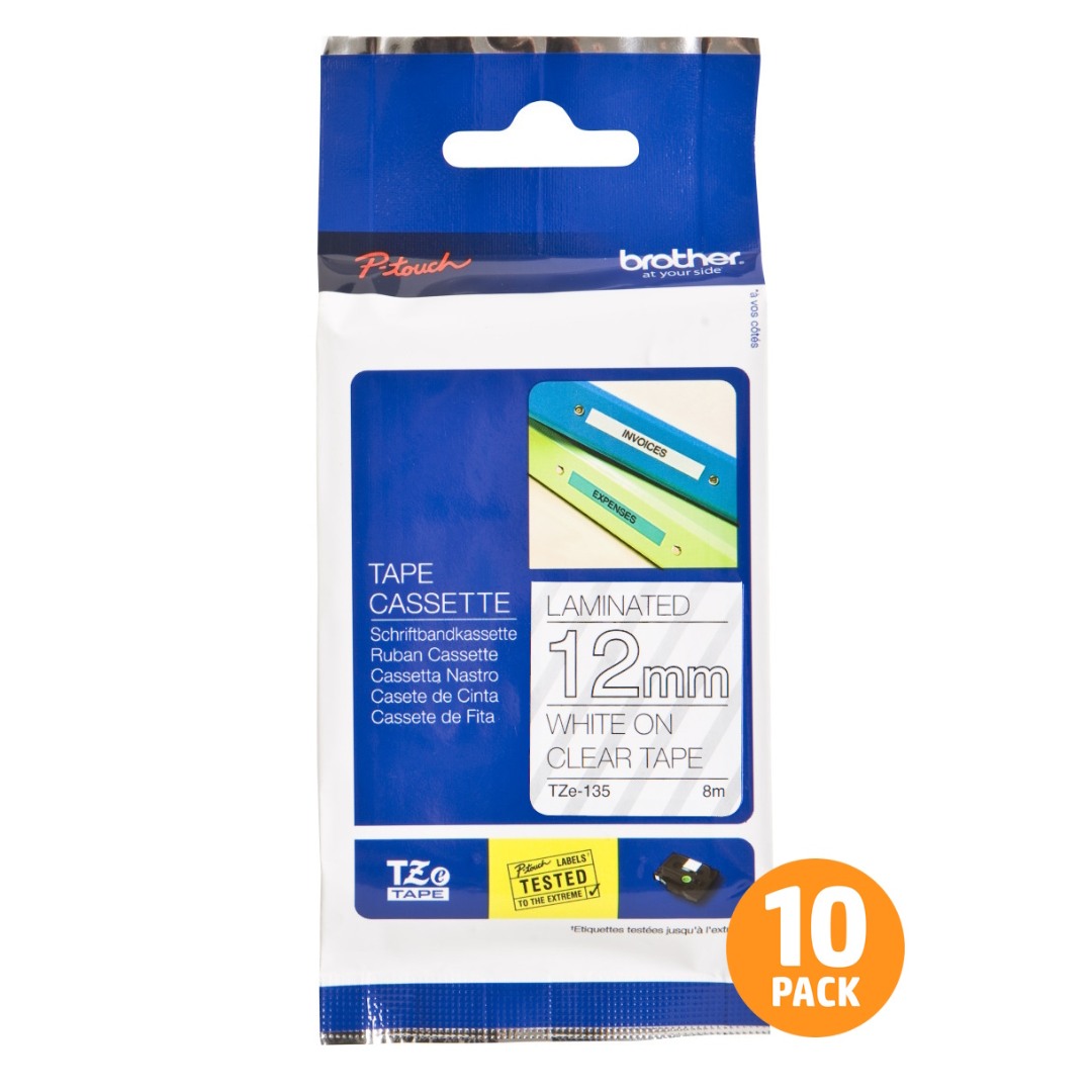 Brother TZe-135 12mm White Text On Clear Tape - 8 metres - 10 PACK