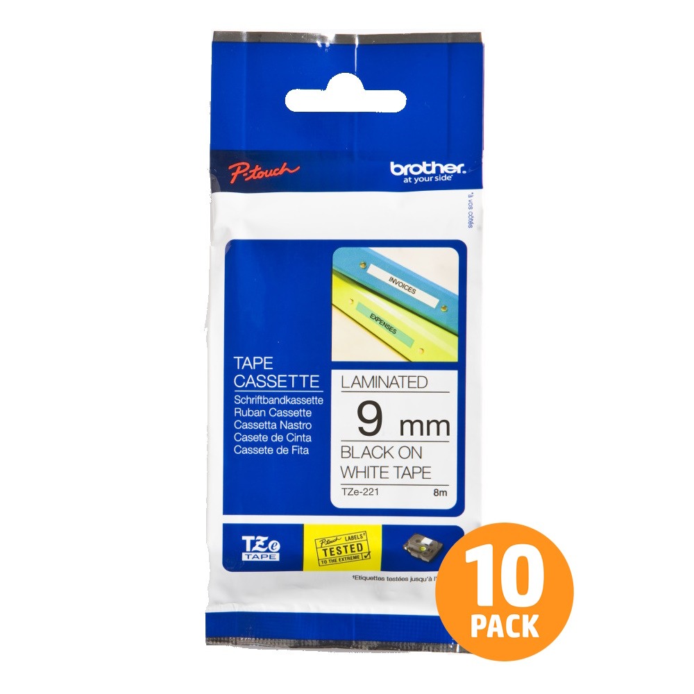 Brother TZe-221 9mm Black Text On White Tape - 8 metres - 10 PACK