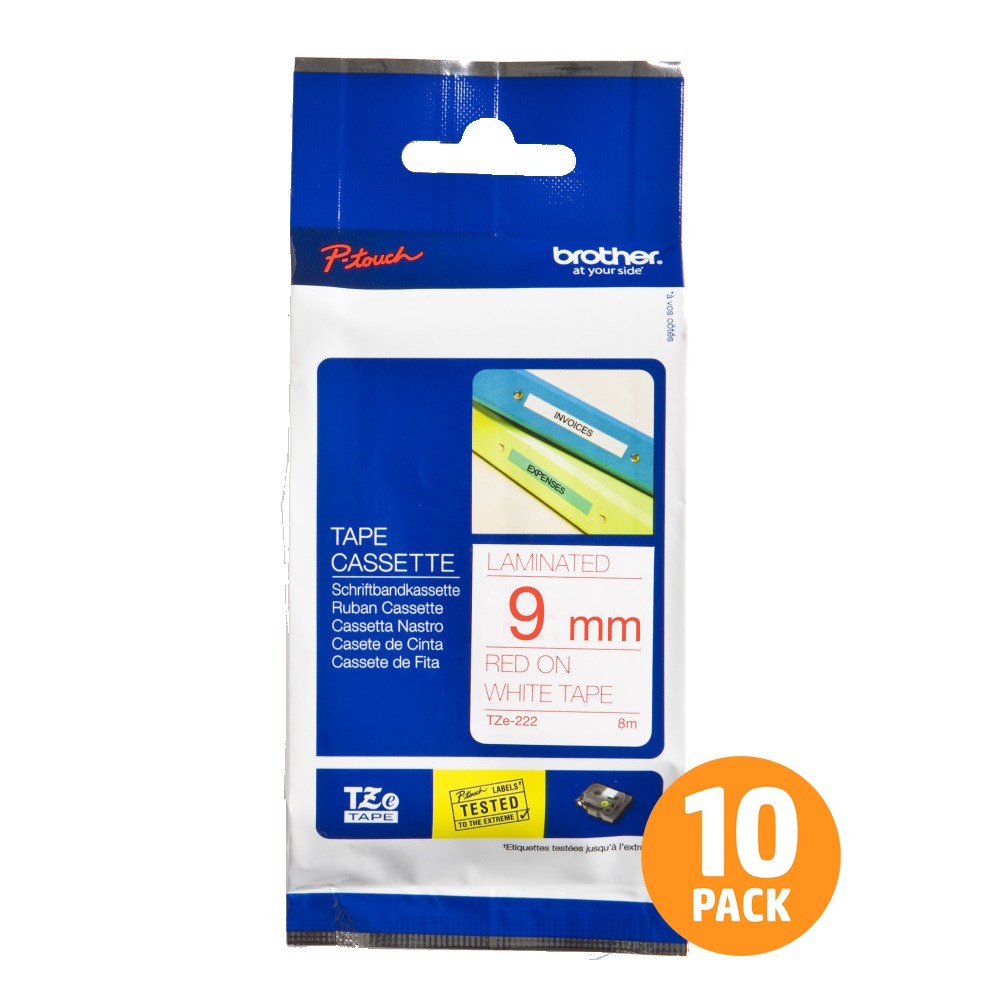 Brother TZe-222 9mm Red Text On White Tape - 8 metres - 10 PACK