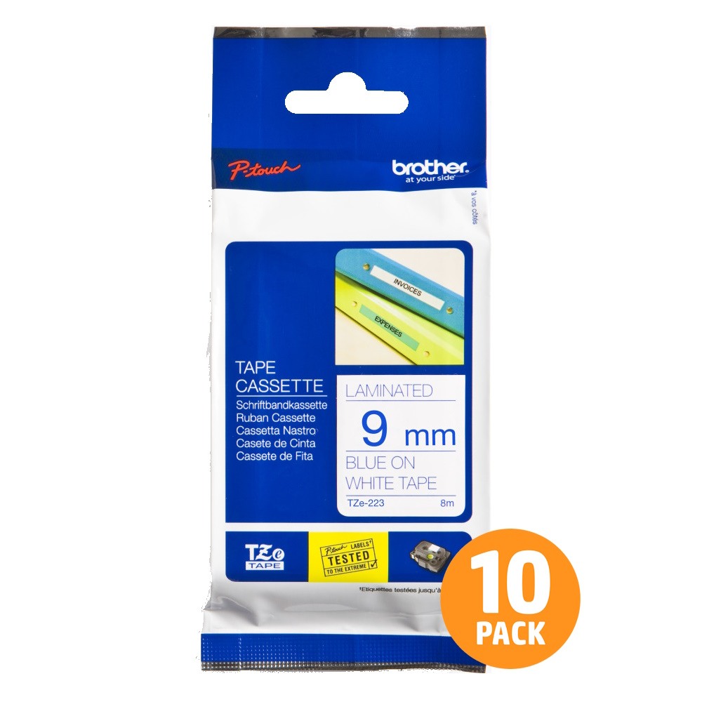 Brother TZe-223 9mm Blue Text On White Tape - 8 metres - 10 PACK