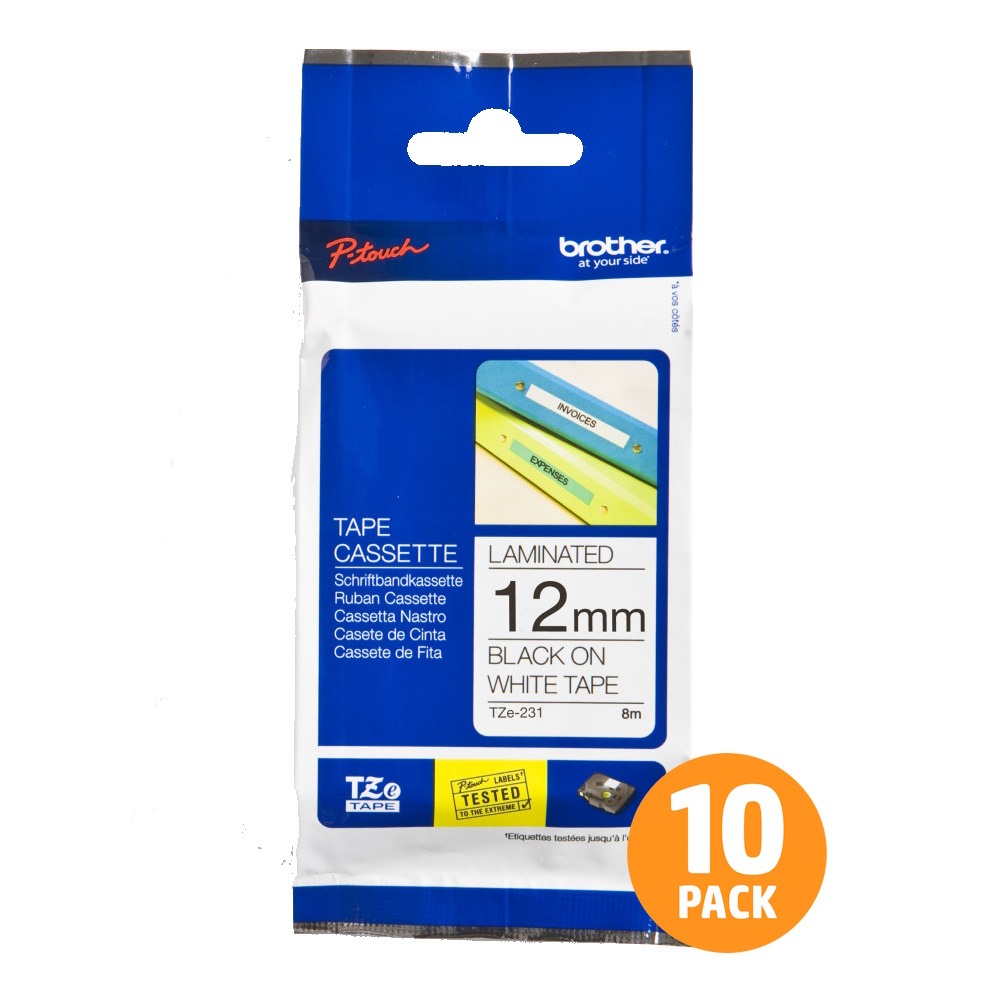 Brother TZe-231 12mm Black Text On White Tape - 8 metres - 10 PACK