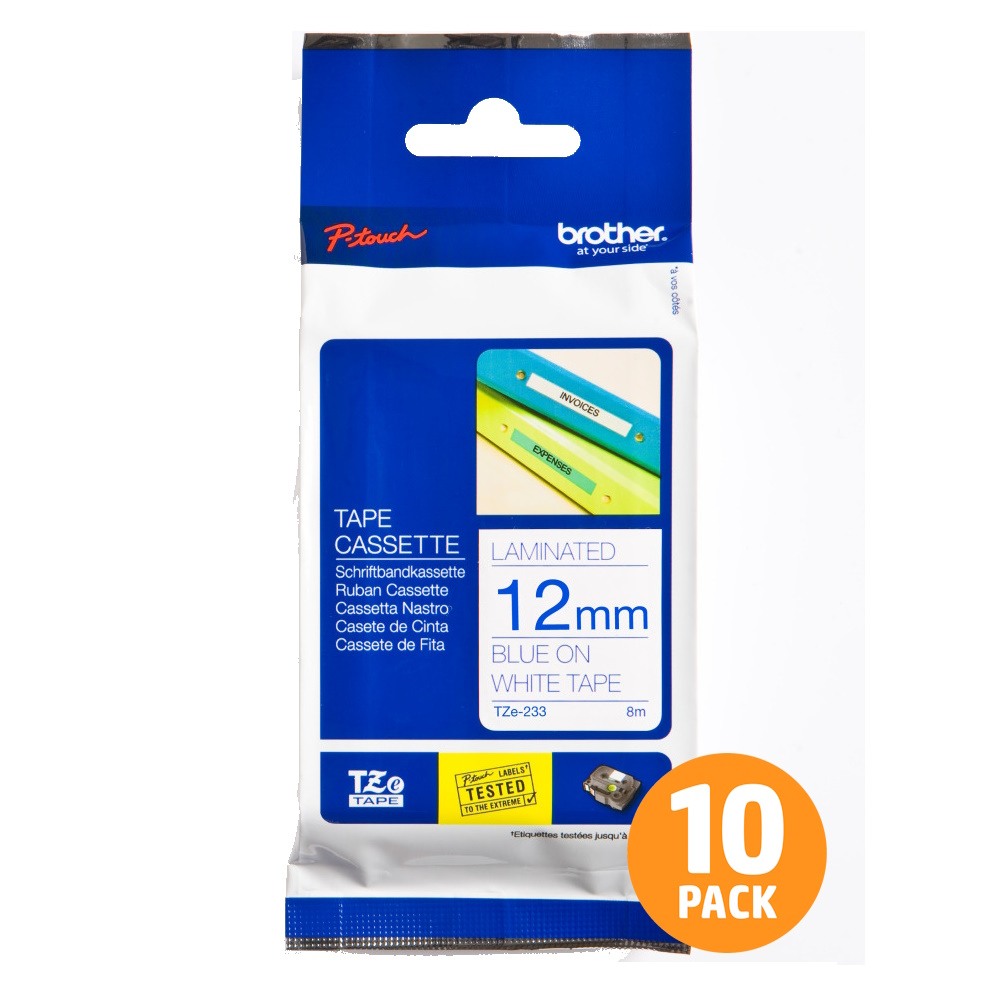 Brother TZe-233 12mm Blue Text On White Tape - 8 metres - 10 PACK