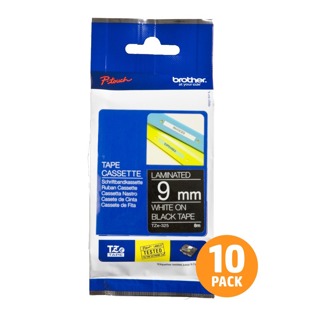 Brother TZe-325 9mm White Text On Black Tape - 8 metres - 10 PACK