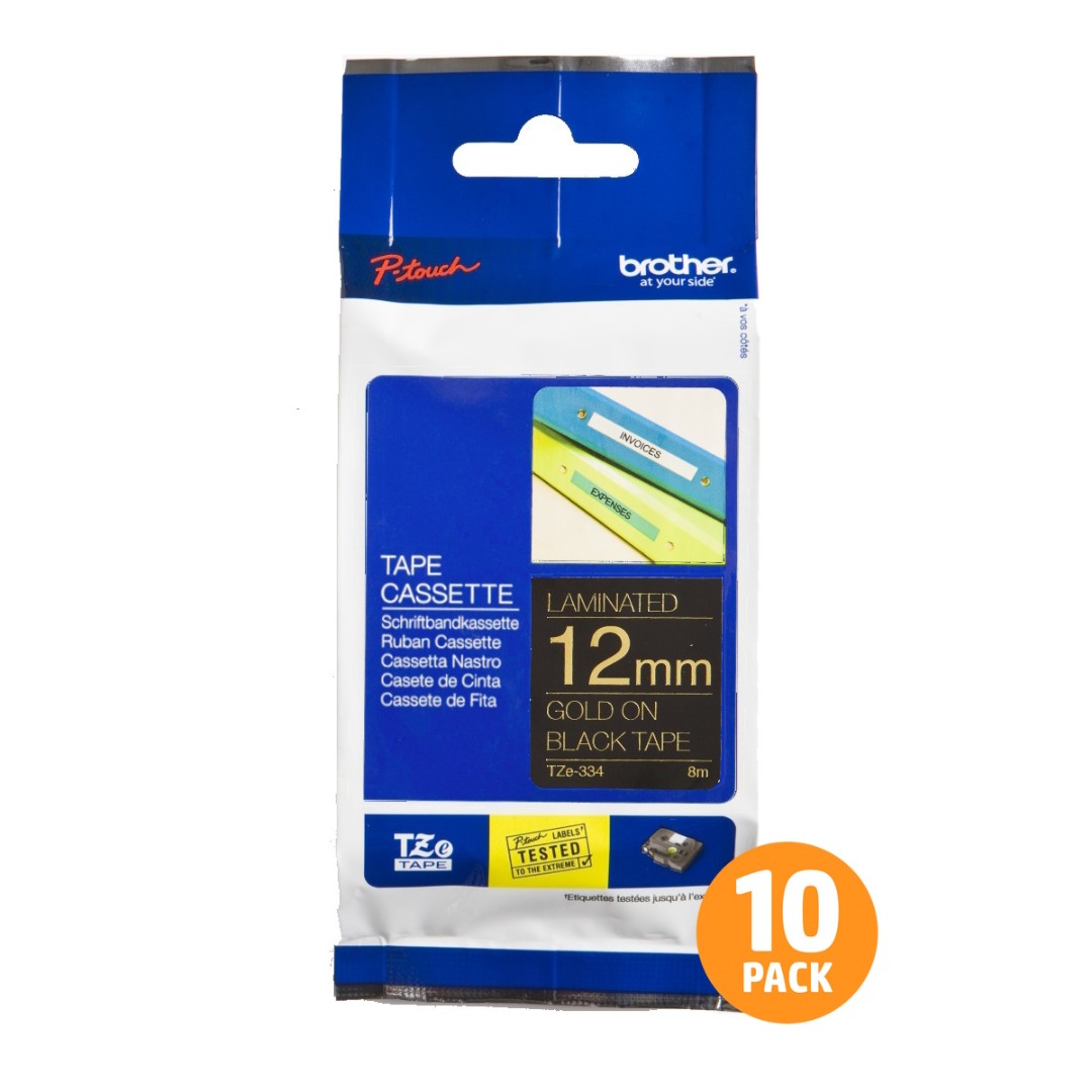 Brother TZe-334 12mm Gold Text On Black Tape - 8 metres - 10 PACK