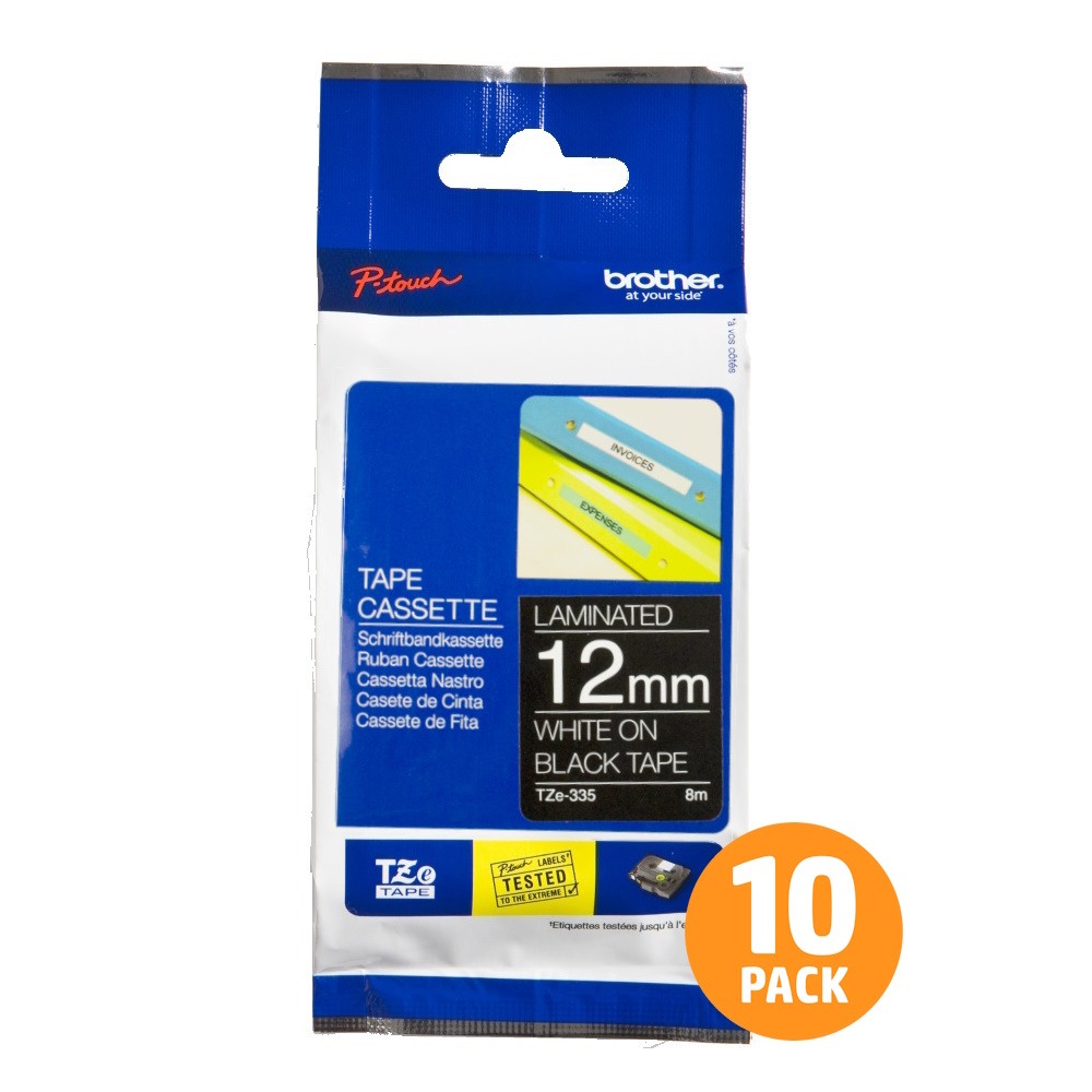 Brother TZe-335 12mm White Text On Black Tape - 8 metres - 10 PACK