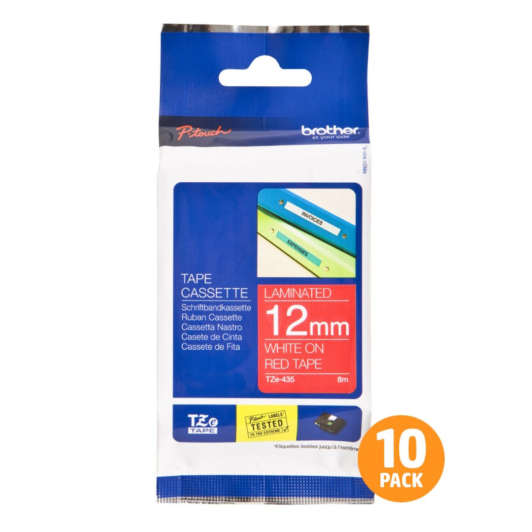 Brother TZe-435 12mm White Text On Red Tape - 8 metres - 10 PACK