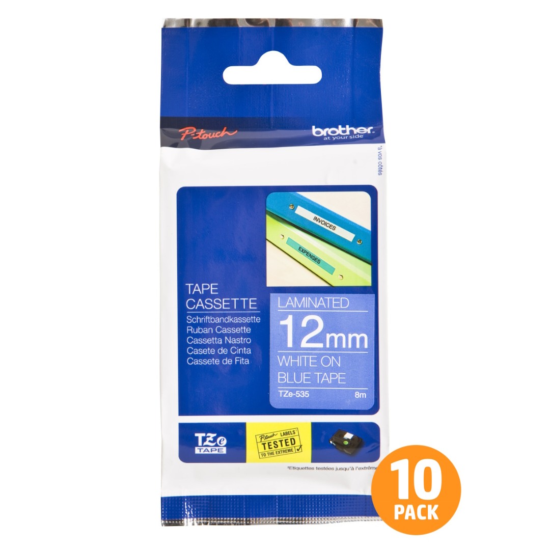 Brother TZe-535 12mm White Text On Blue Tape - 8 metres - 10 PACK