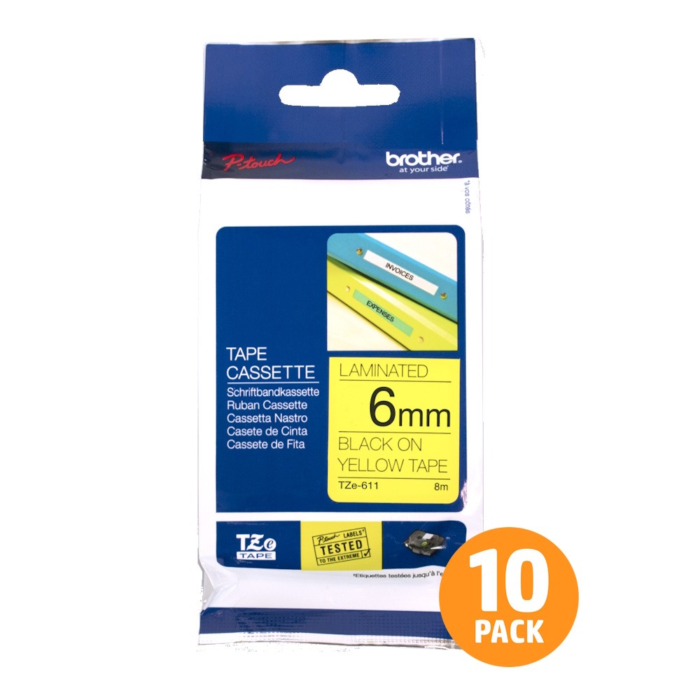 Brother TZe-611 6mm Black Text On Yellow Tape - 8 metres - 10 PACK