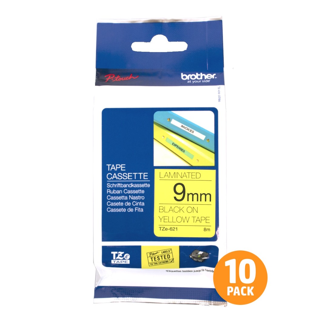 Brother TZe-621 9mm Black Text On Yellow Tape - 8 metres - 10 PACK