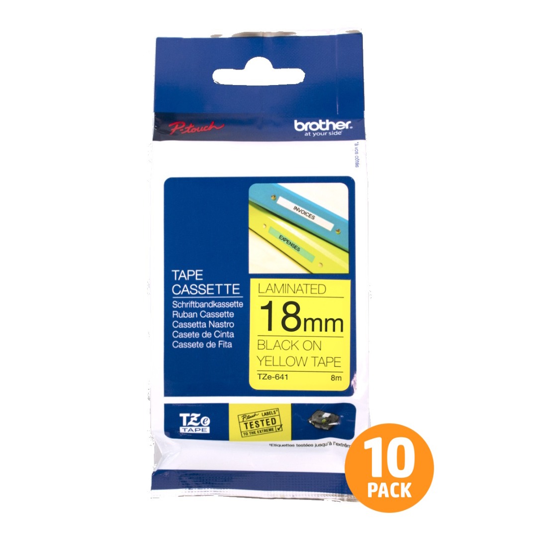 Brother TZe-641 18mm Black Text On Yellow Tape - 8 metres - 10 PACK