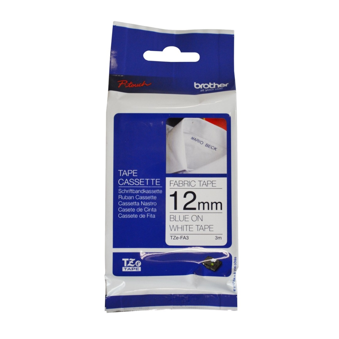 Brother TZe-FA3 12mm Blue Text On White Iron on Fabric Tape - 3 metres