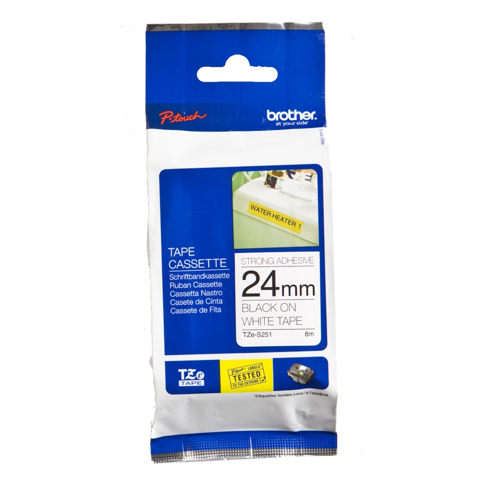 Brother TZe-S251 24mm Black Text On White Tape Strong Adhesive - 8 metres