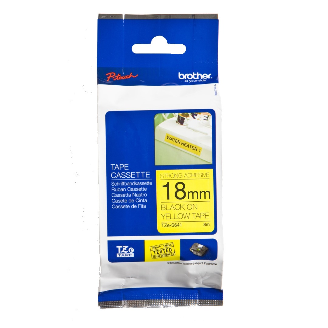 Brother TZe-S641 18mm Black Text On Yellow Tape Strong Adhesive - 8 metres