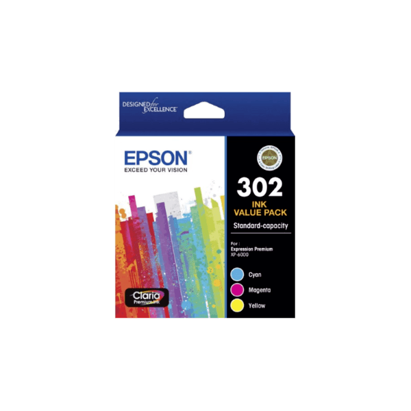 Genuine Epson 302 Cyan Magenta Yellow Ink Cartridge Value Pack